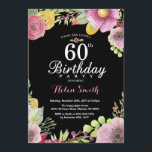 Invitación de cumpleaños número 60 para mujeres<br><div class="desc">Invitación de cumpleaños número 60 para mujeres. Color de agua Floral,  rosa,  fondo negro de pizarra. 13a 16a 18a 21a 30a 40a 50a 60a 70a 80a 90a 100a. Cualquier edad.
Para más personalización,  haga clic en el botón "Personalizar" y utilice nuestra herramienta de diseño para modificar esta plantilla.</div>
