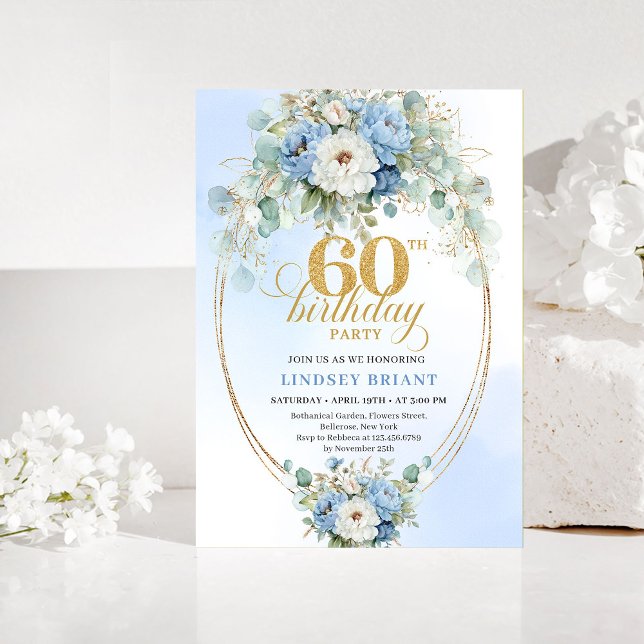 Invitación de cumpleaños número 60 Pastel Blue Peo (Pastel Blue Peonies Gold 60th Birthday Invitation)