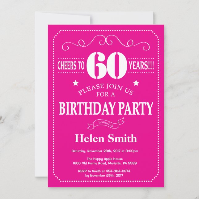 Invitación de cumpleaños número 60 Rosa Caliente y (Anverso)