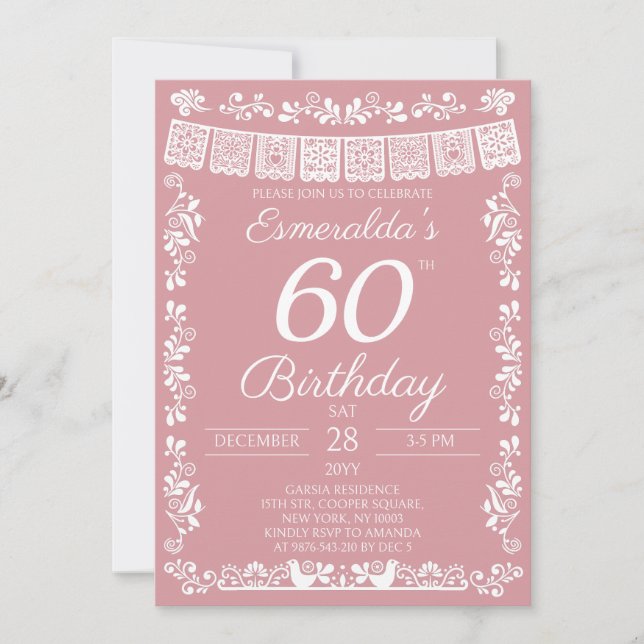 Invitación de cumpleaños número 60 rosa rubor Fies (Anverso)