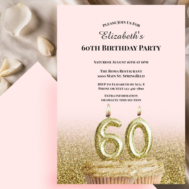Invitación de cumpleaños número 60 rosa y dorado p (Subido por el creador)