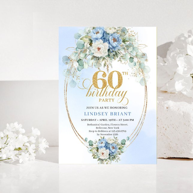 Invitación de cumpleaños número 60 Rustic Blue Peo (Rustic Blue Peony Gold 60th Birthday Invitation)