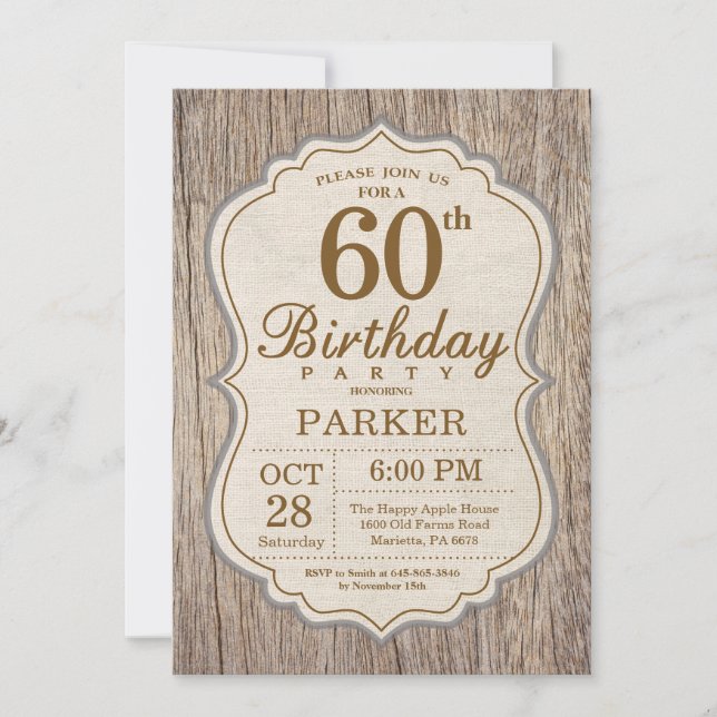 Invitación de cumpleaños número 60 rústica de made (Anverso)