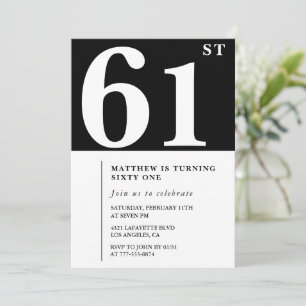 Invitación de cumpleaños número 61 negra Elegante 