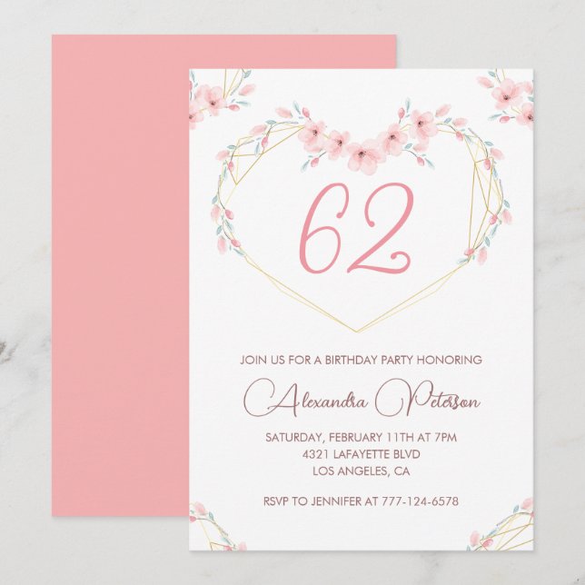Invitación de cumpleaños número 62 estilo boho flo (Anverso / Reverso)