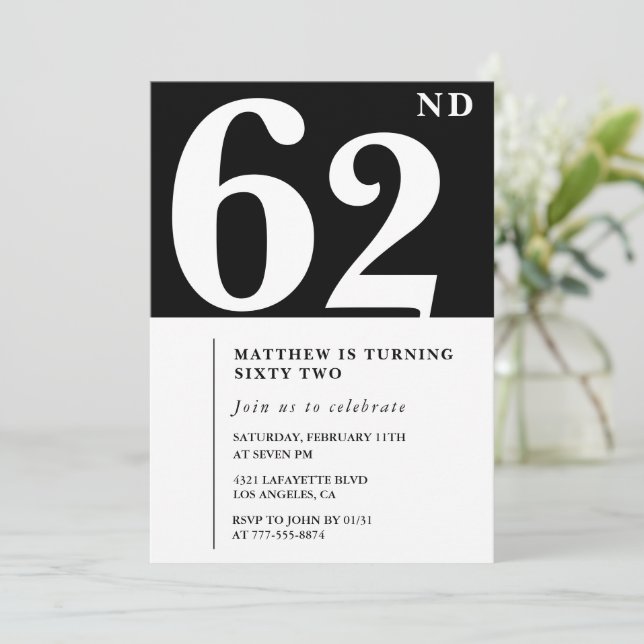Invitación de cumpleaños número 62 negra Elegante  (Anverso de pie)
