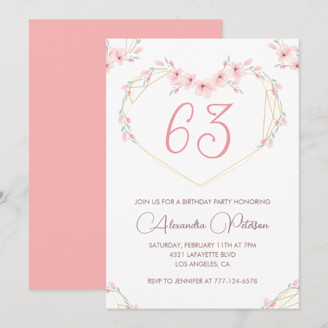 Invitación de cumpleaños número 63 con flores acua (Anverso / Reverso)