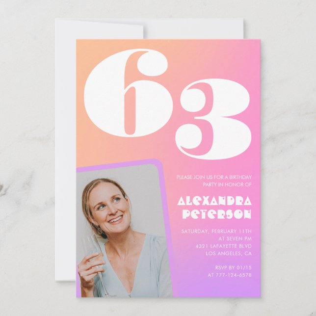 Invitación de cumpleaños número 63 con foto retro  (Anverso)