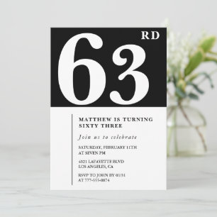 Invitación de cumpleaños número 63 negra Elegante 