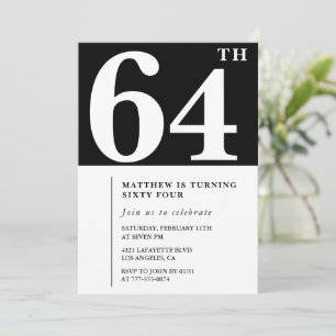 Invitación de cumpleaños número 64 negra Elegante 