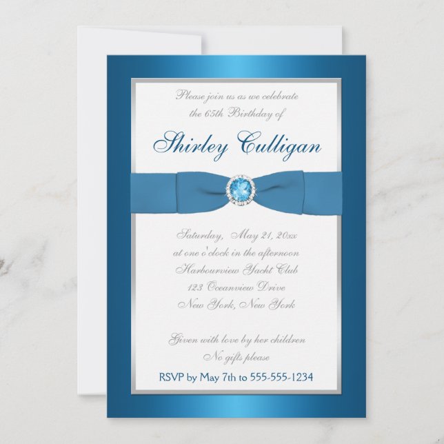 Invitación de cumpleaños número 65: Azul, Plata y  (Anverso)