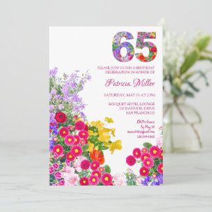 Invitación de cumpleaños número 65 con flores colo