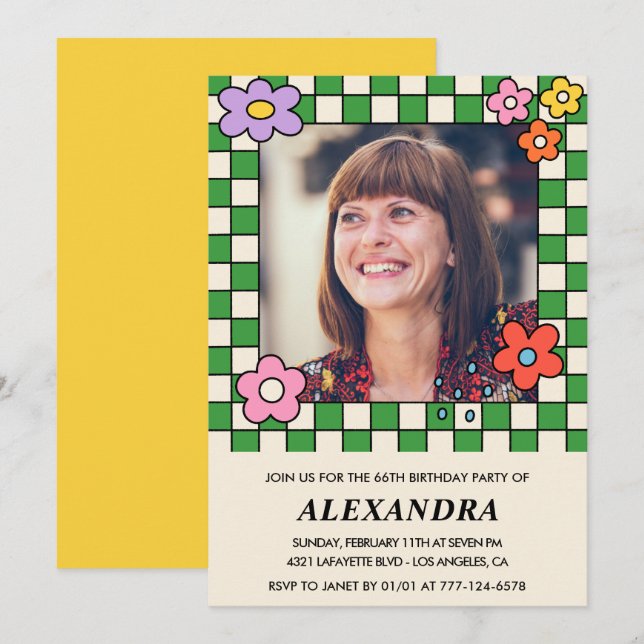 Invitación de cumpleaños número 66 con foto floral (Anverso / Reverso)
