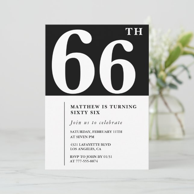 Invitación de cumpleaños número 66 negra Elegante  (Anverso de pie)