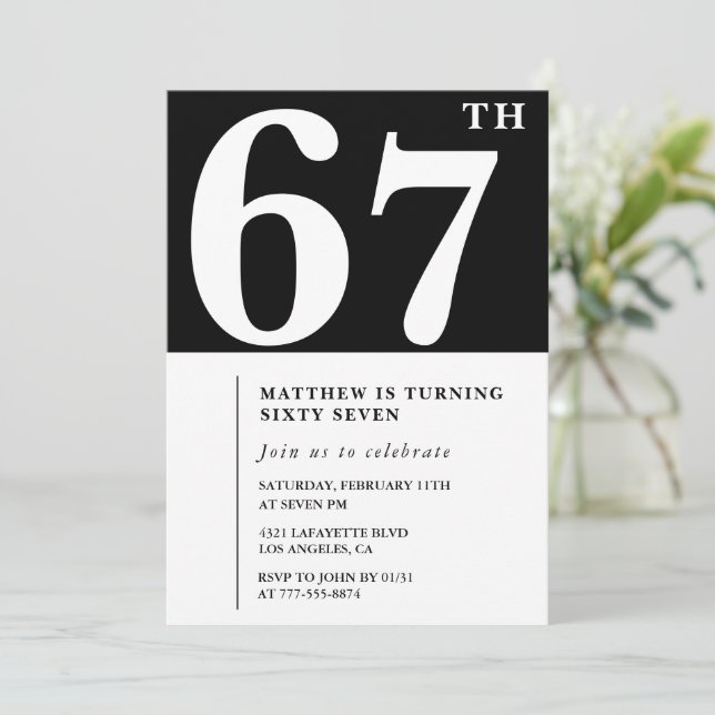 Invitación de cumpleaños número 67 negra Elegante  (Anverso de pie)