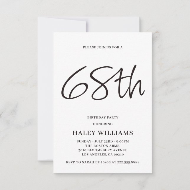 Invitación de cumpleaños número 68 con caligrafía  (Anverso)