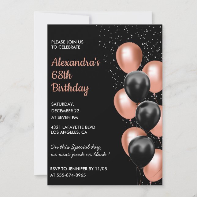 Invitación de cumpleaños número 68 en rosa oro Glo (Anverso)