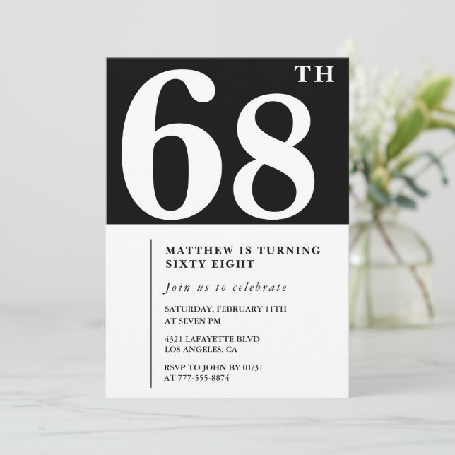 Invitación de cumpleaños número 68 negra Elegante  (Anverso de pie)