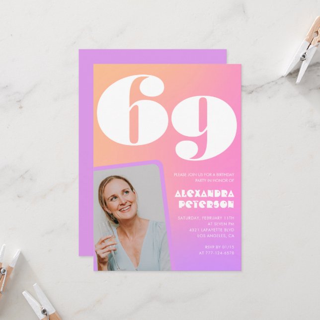 Invitación de cumpleaños número 69 con gradiente r (Anverso/Reverso In Situ)