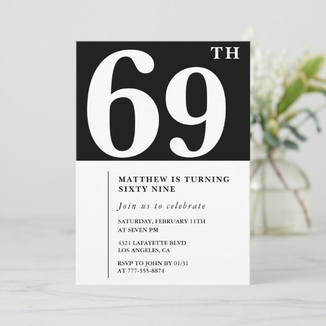 Invitación de cumpleaños número 69 negra Elegante  (Anverso de pie)