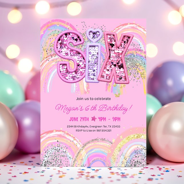 Invitación de cumpleaños número 6 arcoíris (Rainbow Pastel Sequin 6th Birthday Pink Invitation)