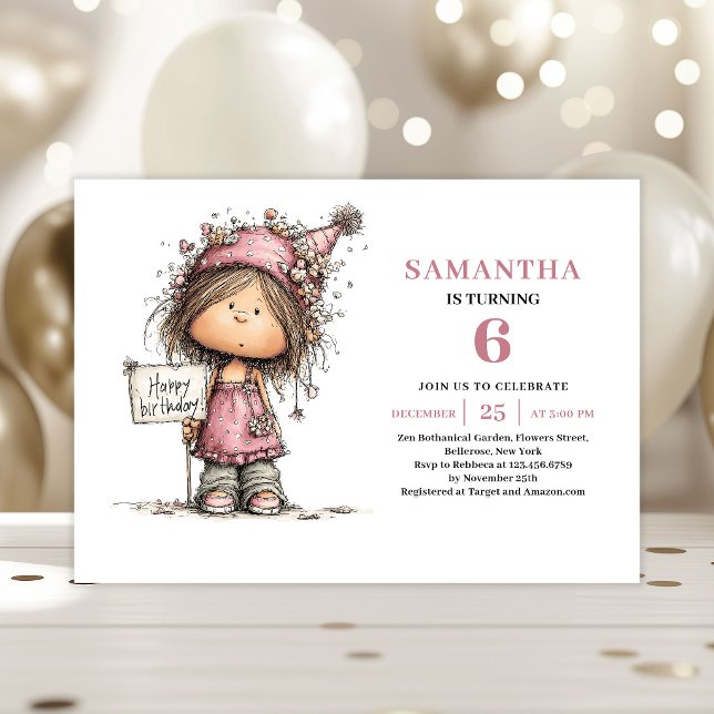 Invitación de cumpleaños número 6 caprichosa diseñ (Whimsical 6th Birthday Invite Girl Pink Design)