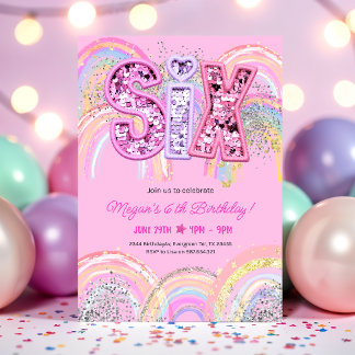 Invitación de cumpleaños número 6 con arcoíris