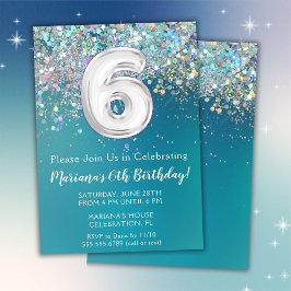 Invitación de cumpleaños número 6 con brillo teal 
