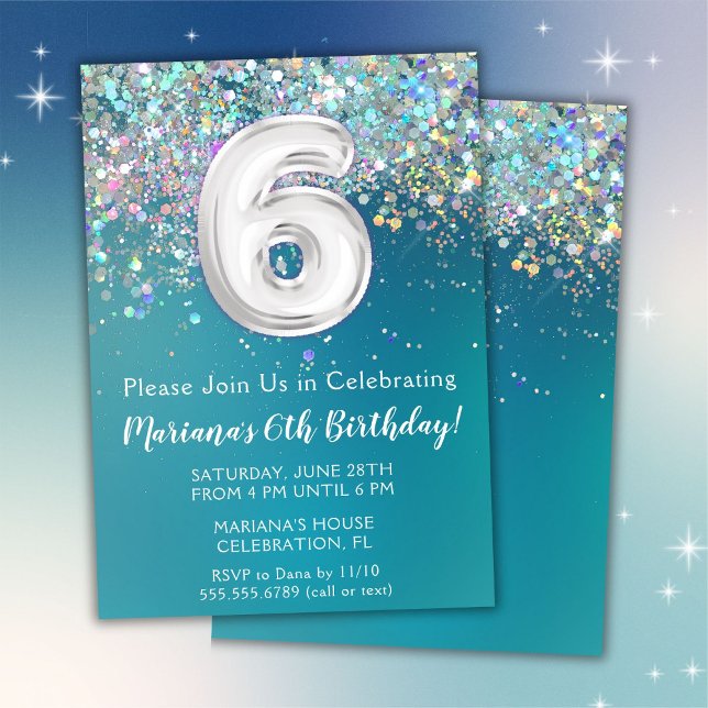 Invitación de cumpleaños número 6 con brillo teal  (Subido por el creador)