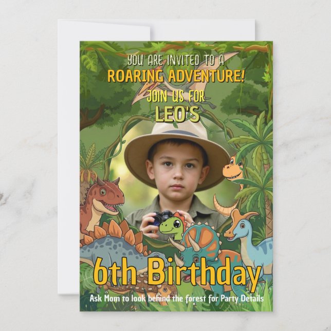 Invitación de cumpleaños número 6 con dinosaurio (Anverso)