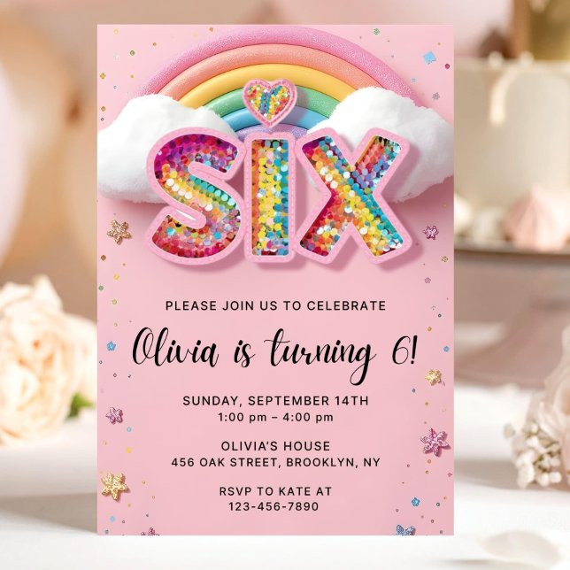 Invitación de cumpleaños número 6 con lentejuelas  (Subido por el creador)