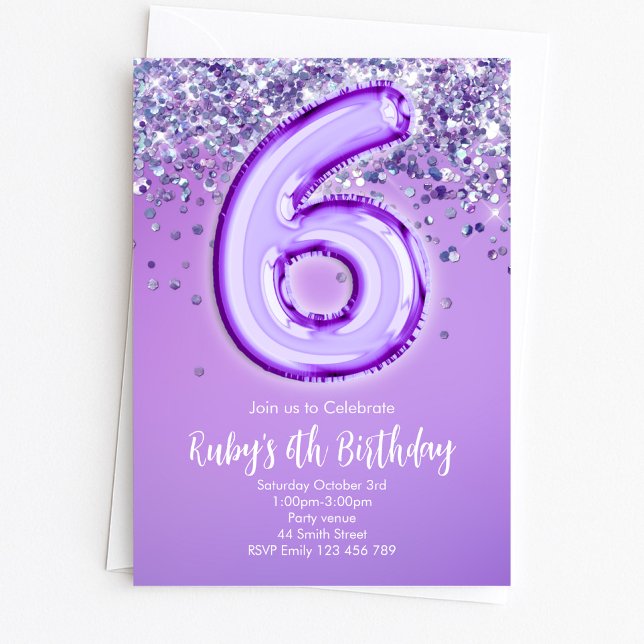 Invitación de cumpleaños número 6 con purpurina pú (Subido por el creador)