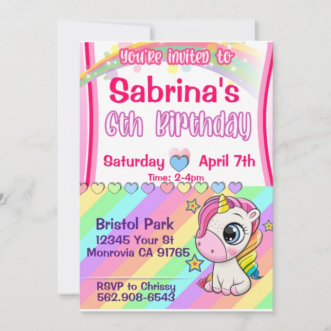 Invitación de cumpleaños número 6 de bebé unicorni (Anverso)