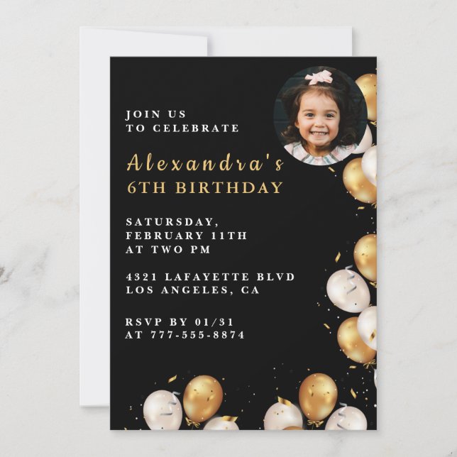 Invitación de cumpleaños número 6 de Black Gold Fo (Anverso)