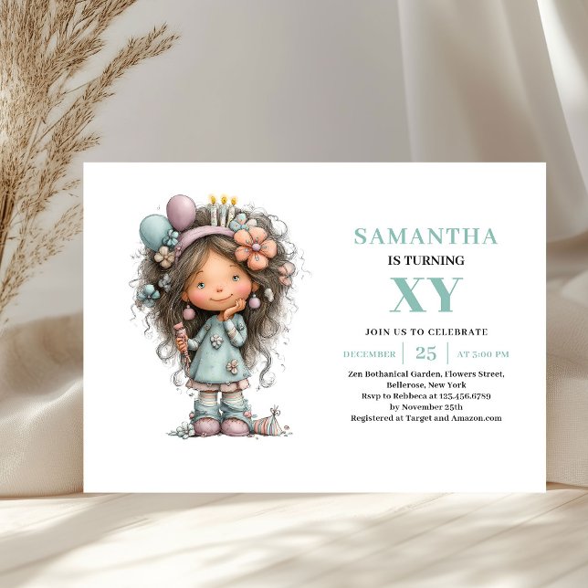 Invitación de cumpleaños número 6 de niña capricho (Whimsical Girl 6th Birthday Pastel Green invitation)