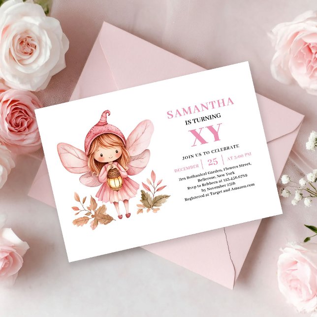 Invitación de cumpleaños número 6 de niña hada cap (Whimsical Fairy Girl 6th Birthday Pink invitation)