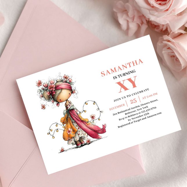 Invitación de Cumpleaños número 6 de Niña Hada Lin (Cute Fairy Girl 6th Birthday Pink Blush invitation)