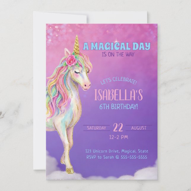 Invitación de cumpleaños número 6 de niñas Unicorn (Anverso)