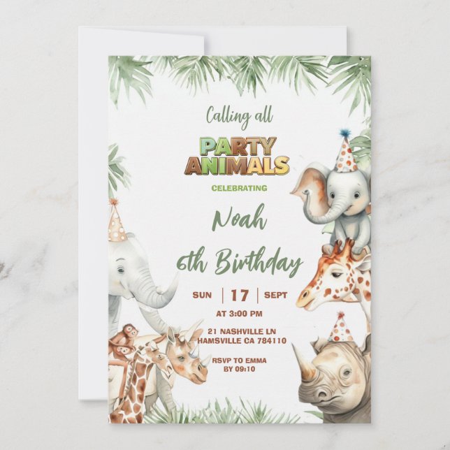 Invitación de cumpleaños número 6 de Party Animals (Anverso)