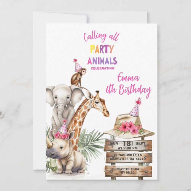 Invitación de cumpleaños número 6 de Party Animals (Anverso)