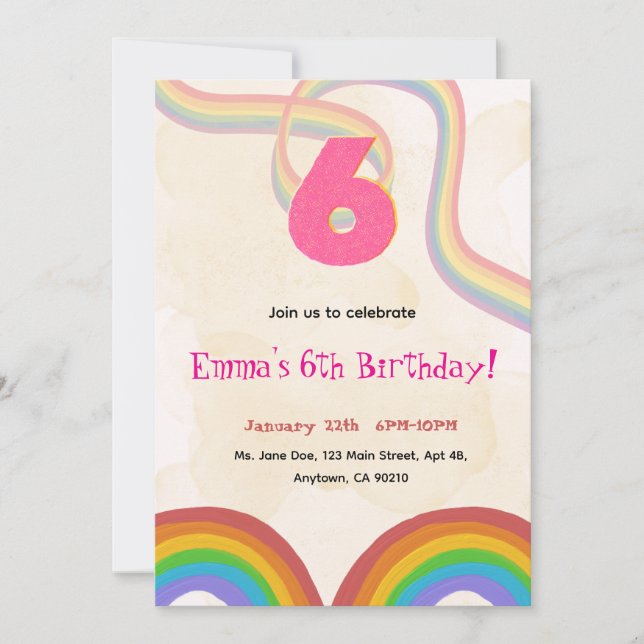 Invitación de cumpleaños número 6 de Rainbow para  (Anverso)