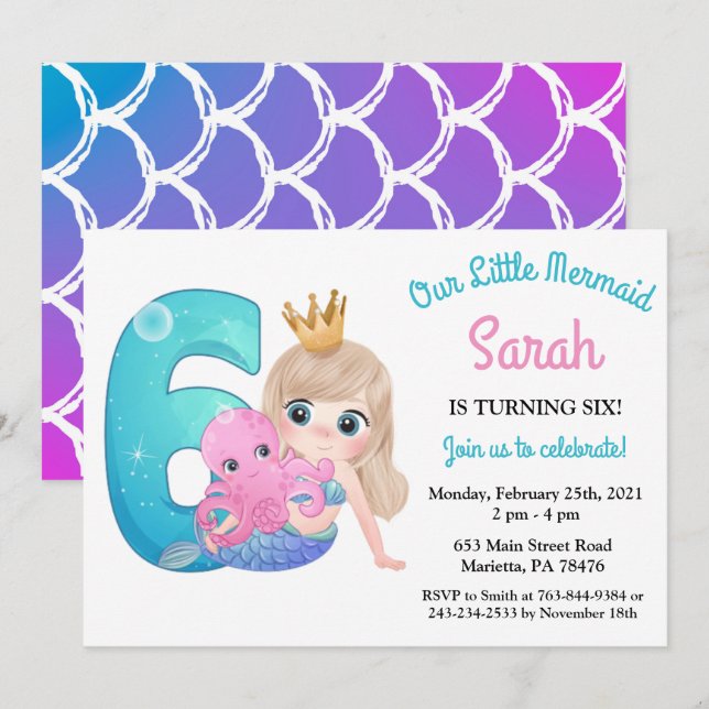 Invitación de cumpleaños número 6 de sirena acuare (Anverso / Reverso)