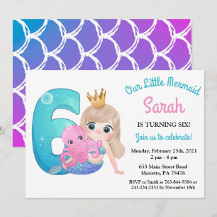 Invitación de cumpleaños número 6 de sirena acuare