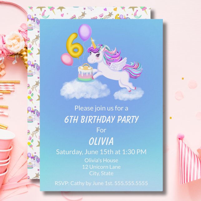 Invitación de cumpleaños número 6 de unicornio con (Subido por el creador)