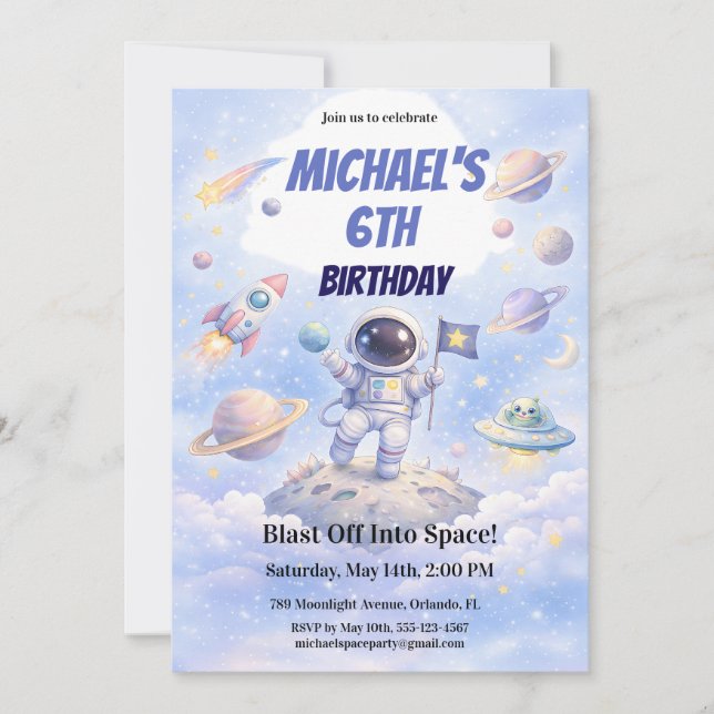 Invitación de cumpleaños número 6 del astronauta d (Anverso)