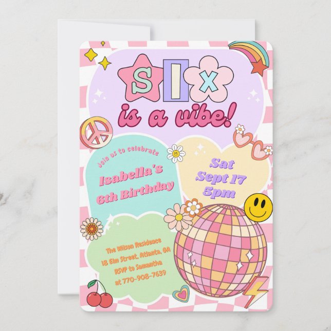 Invitación de cumpleaños número 6 Groovy Vibe Retr (Anverso)