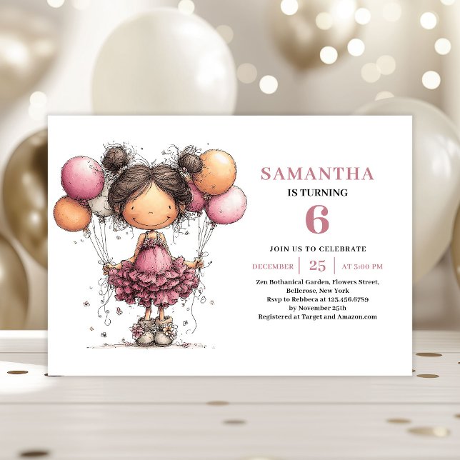 Invitación de cumpleaños número 6 para niña capric (Whimsy Toddler Girl 6th Birthday Invite Pink)