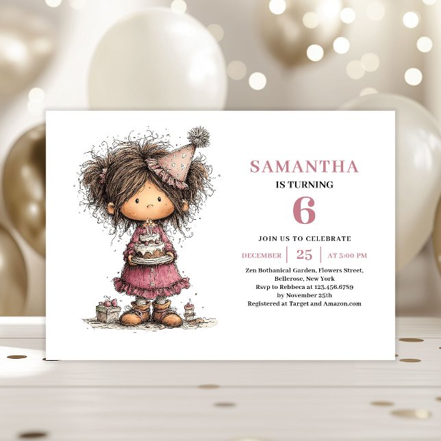 Invitación de cumpleaños número 6 para niña divert (Whimsy Funny Girl 6th Birthday Invitation Pink)