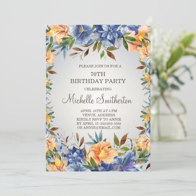 Invitación de cumpleaños número 70 Blue Orange Flo (Anverso de pie)