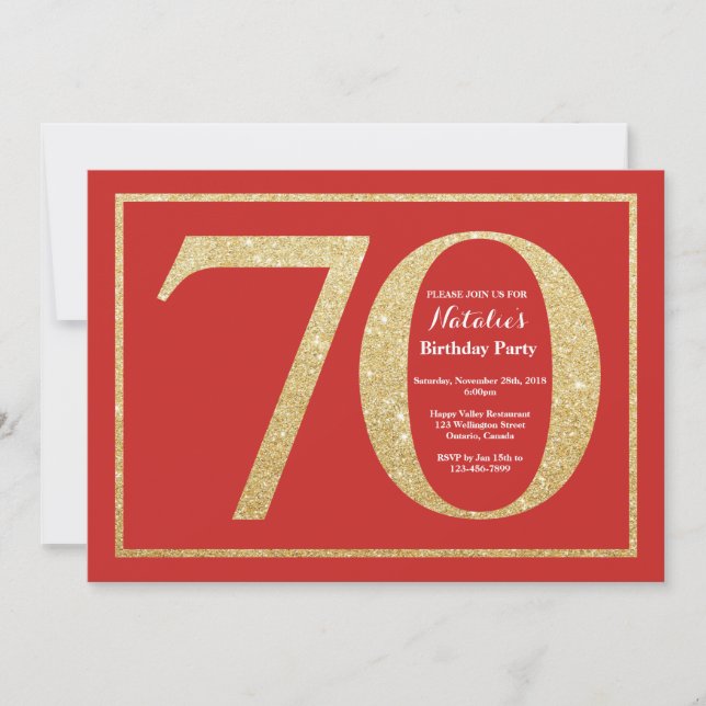 Invitación de cumpleaños número 70 con brillo rojo (Anverso)